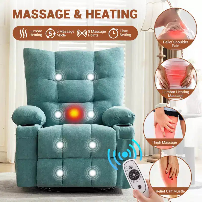 Fauteuil inclinable pivotant avec chauffage et massage - Fauteuil inclinable à bascule à 360° avec porte-gobelets et poche latérale - Canapé individuel ergonomique, Bleu