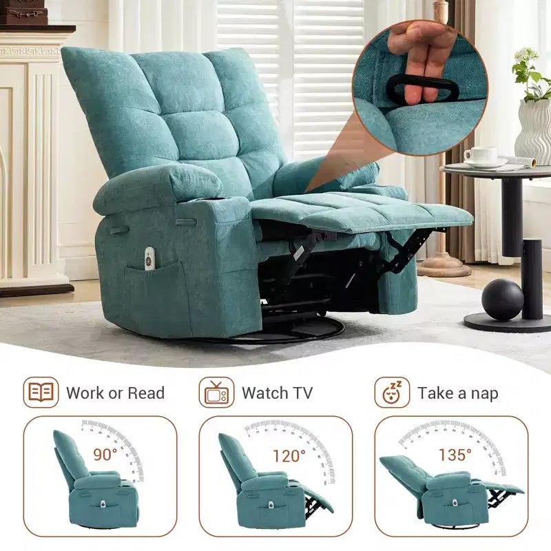 Fauteuil inclinable pivotant avec chauffage et massage - Fauteuil inclinable à bascule à 360° avec porte-gobelets et poche latérale - Canapé individuel ergonomique, Bleu