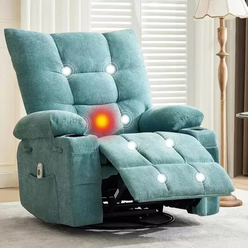 Fauteuil inclinable pivotant avec chauffage et massage - Fauteuil inclinable à bascule à 360° avec porte-gobelets et poche latérale - Canapé individuel ergonomique, Bleu