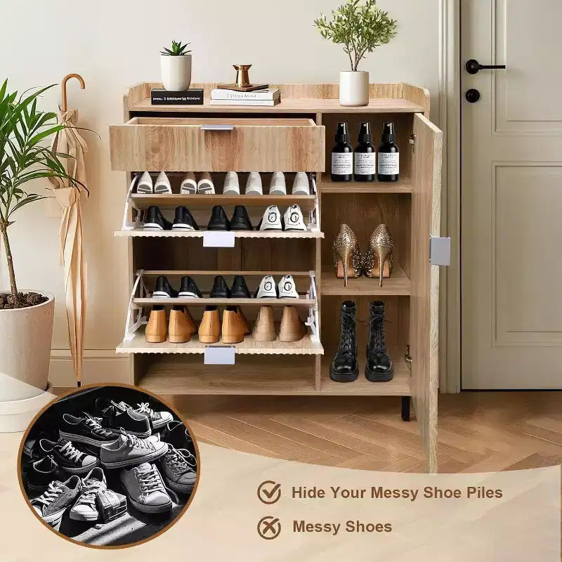 Meuble à chaussures étroit de 47" avec tiroirs basculants, façade à motif vague et pieds en métal