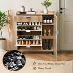 Meuble à chaussures étroit de 47" avec tiroirs basculants, façade à motif vague et pieds en métal