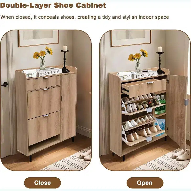 Meuble à chaussures étroit de 47" avec tiroirs basculants, façade à motif vague et pieds en métal