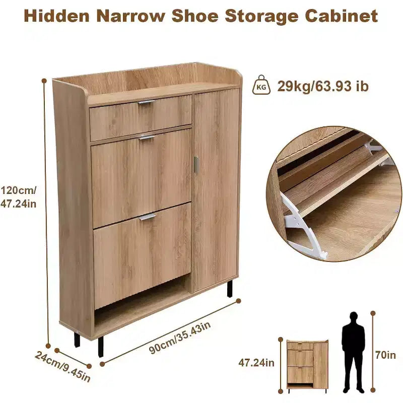 Meuble à chaussures étroit de 47" avec tiroirs basculants, façade à motif vague et pieds en métal