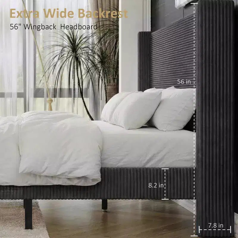 Lit queen size en velours côtelé avec tête de lit haute, sommier tapissier non requis