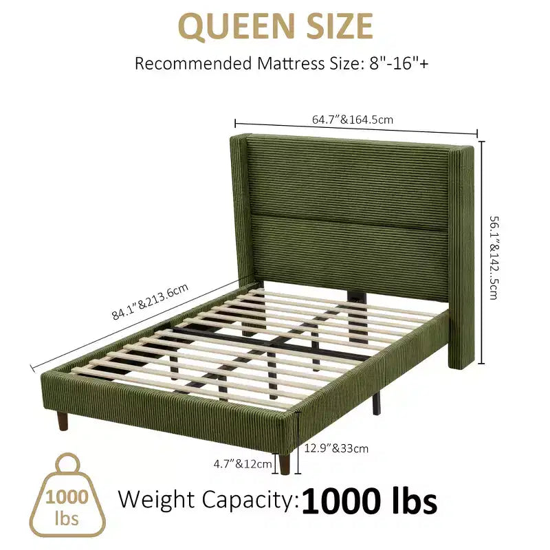 Lit queen size en velours côtelé avec tête de lit haute, sommier tapissier non requis