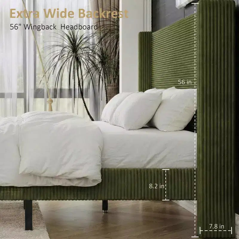 Lit queen size en velours côtelé avec tête de lit haute, sommier tapissier non requis