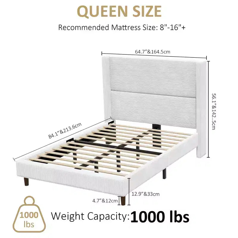 Lit queen size en velours côtelé avec tête de lit haute, sommier tapissier non requis