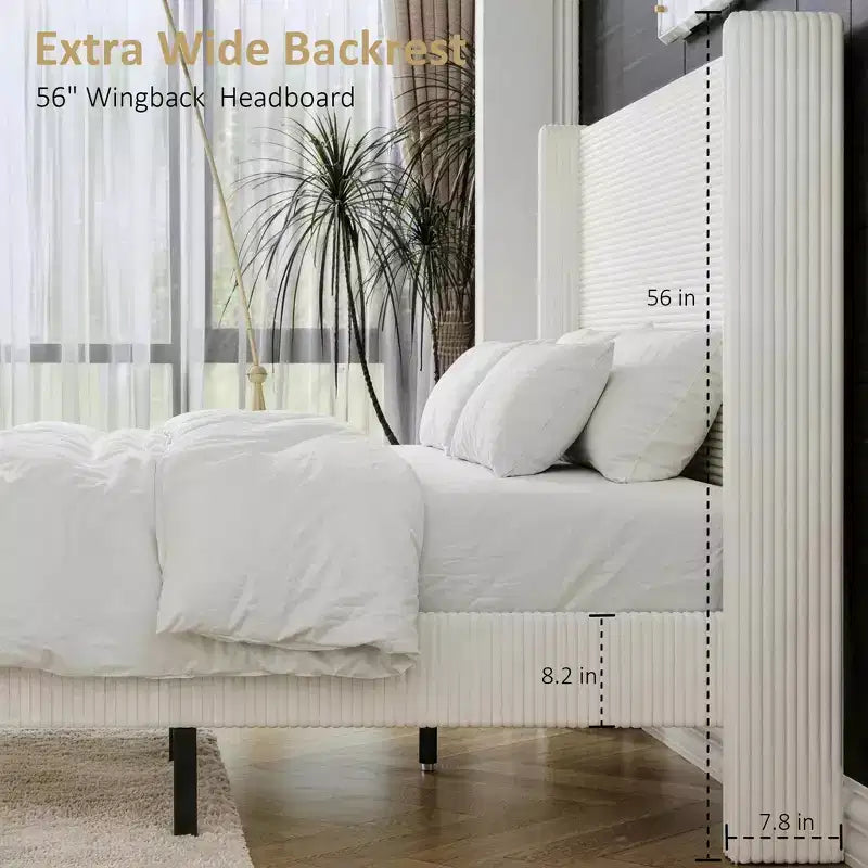 Lit queen size en velours côtelé avec tête de lit haute, sommier tapissier non requis