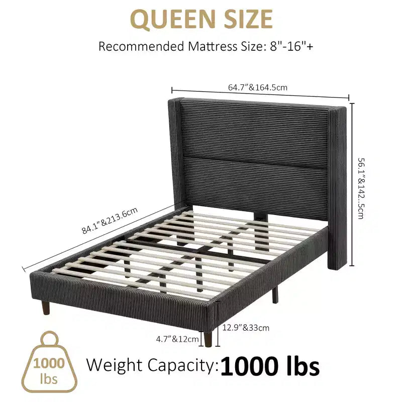 Lit queen size en velours côtelé avec tête de lit haute, sommier tapissier non requis