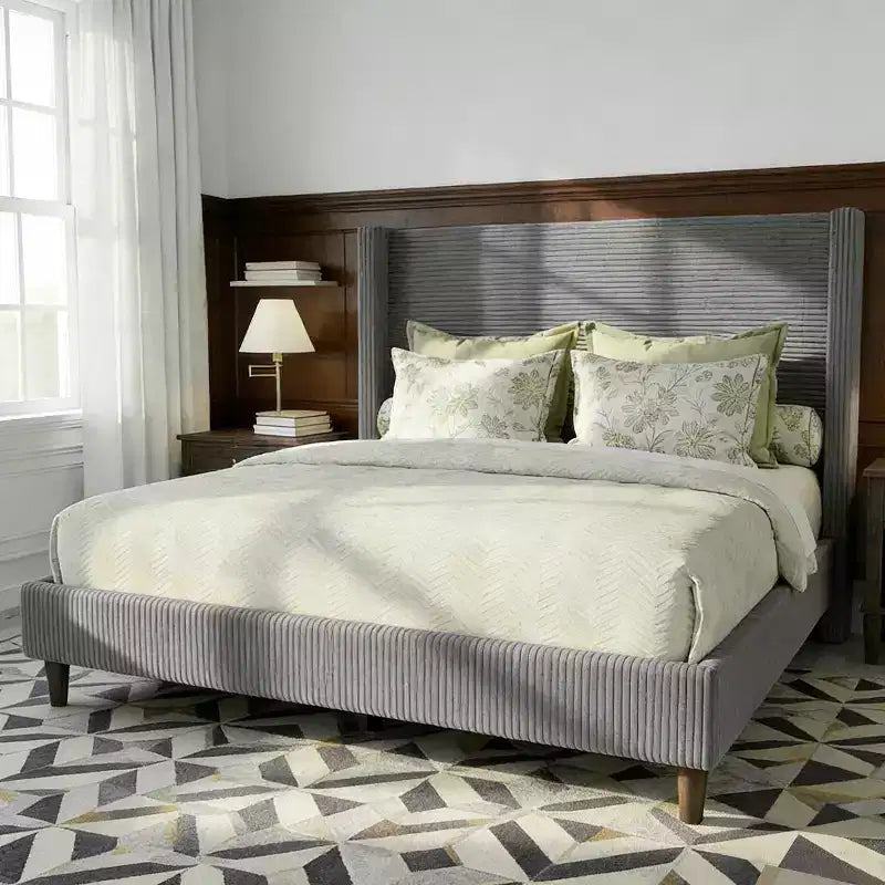 Lit queen size en velours côtelé avec tête de lit haute, sommier tapissier non requis