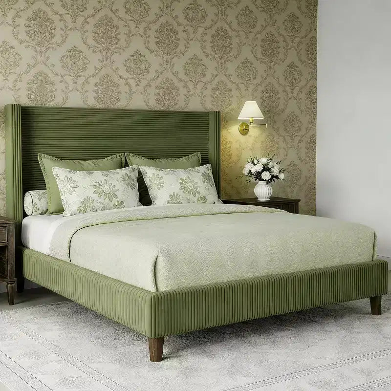 Lit queen size en velours côtelé avec tête de lit haute, sommier tapissier non requis