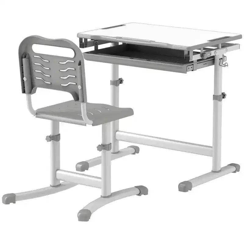 Height Adjustable Kids Desk and Chair Set with Tilt Desktop and Drawer Gray