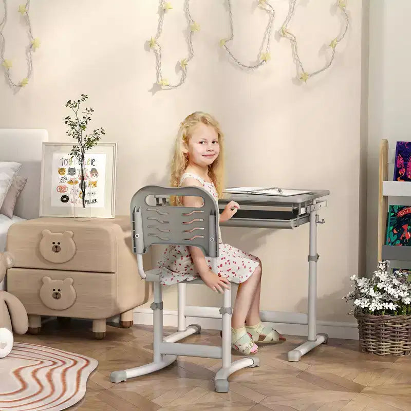 Ensemble bureau et chaise pour enfants réglable en hauteur avec plateau inclinable et tiroir de rangement