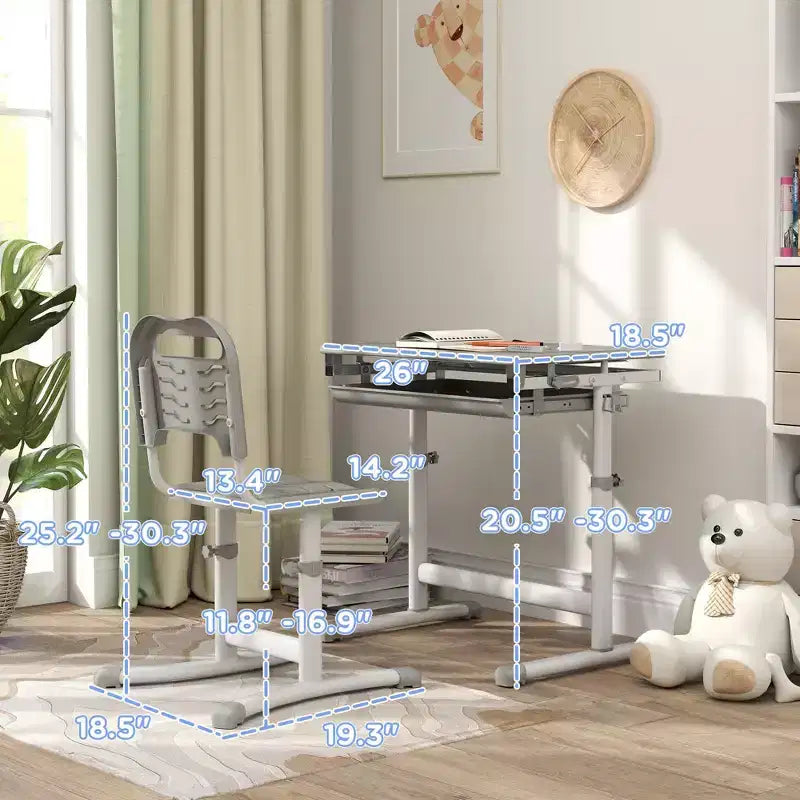 Ensemble bureau et chaise pour enfants réglable en hauteur avec plateau inclinable et tiroir de rangement
