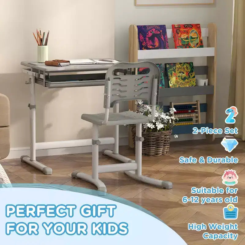 Ensemble bureau et chaise pour enfants réglable en hauteur avec plateau inclinable et tiroir de rangement