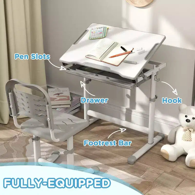 Ensemble bureau et chaise pour enfants réglable en hauteur avec plateau inclinable et tiroir de rangement