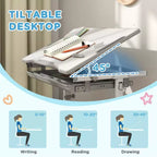 Ensemble bureau et chaise pour enfants réglable en hauteur avec plateau inclinable et tiroir de rangement
