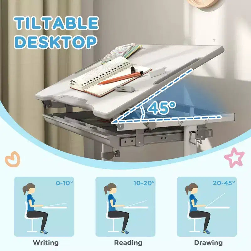 Ensemble bureau et chaise pour enfants réglable en hauteur avec plateau inclinable et tiroir de rangement
