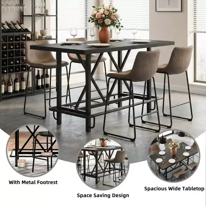 Table de salle à manger de 160 cm de hauteur de comptoir avec pieds en métal et repose-pieds, 6 places