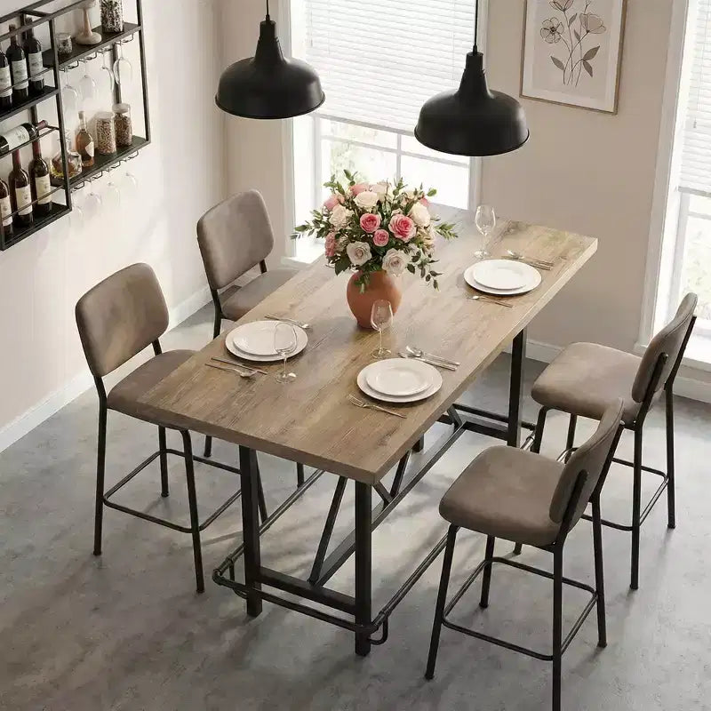 Table de salle à manger de 160 cm de hauteur de comptoir avec pieds en métal et repose-pieds, 6 places
