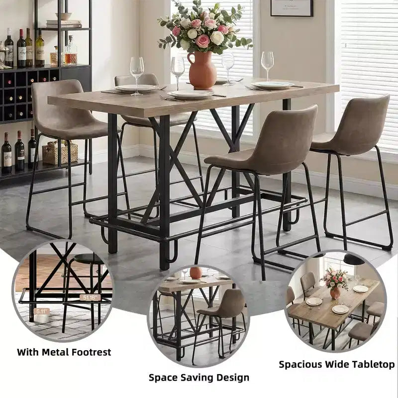 Table de salle à manger de 160 cm de hauteur de comptoir avec pieds en métal et repose-pieds, 6 places