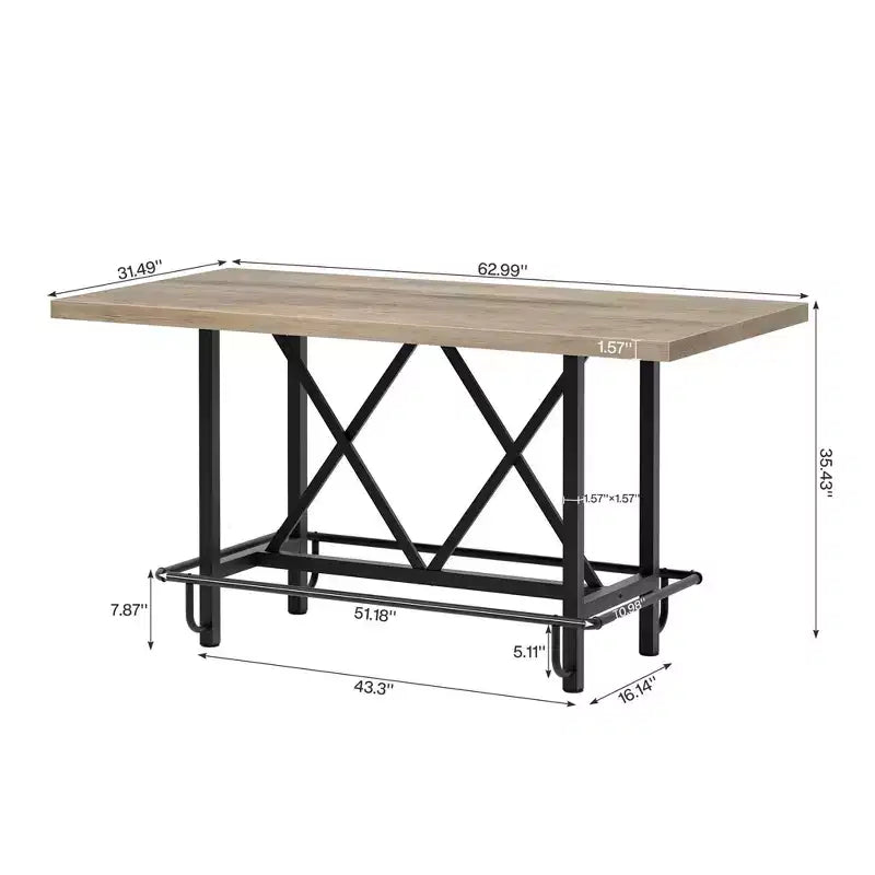 Table de salle à manger de 160 cm de hauteur de comptoir avec pieds en métal et repose-pieds, 6 places