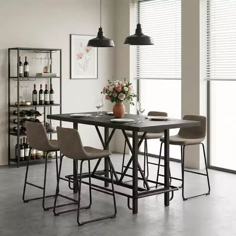 Table de salle à manger de 160 cm de hauteur de comptoir avec pieds en métal et repose-pieds, 6 places