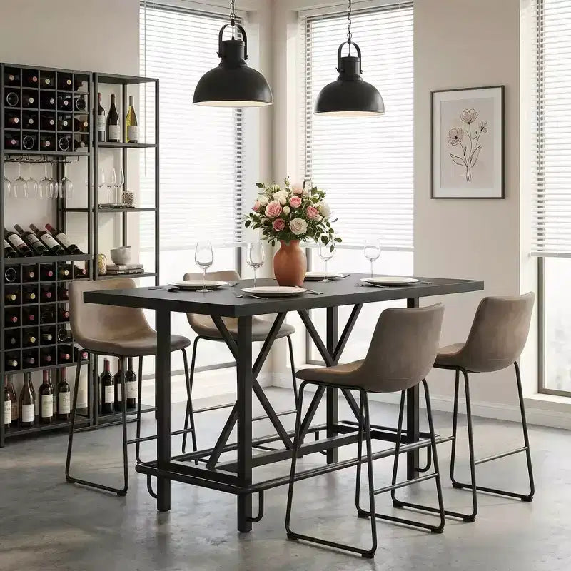 Table de salle à manger de 160 cm de hauteur de comptoir avec pieds en métal et repose-pieds, 6 places