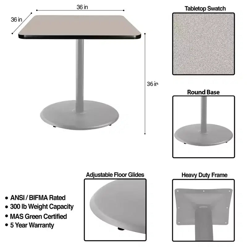 Table à manger carrée de 36 po – Piètement gris / Plateau en stratifié gris nébuleuse
