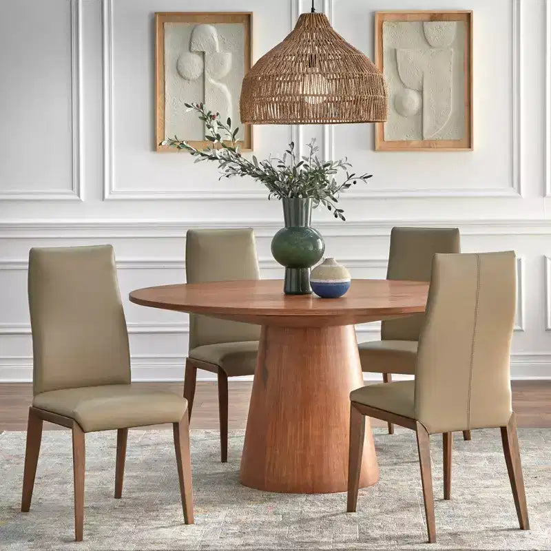Ensemble de salle à manger 5 pièces, table ronde 150 cm aspect bois flotté et chaises en cuir taupe