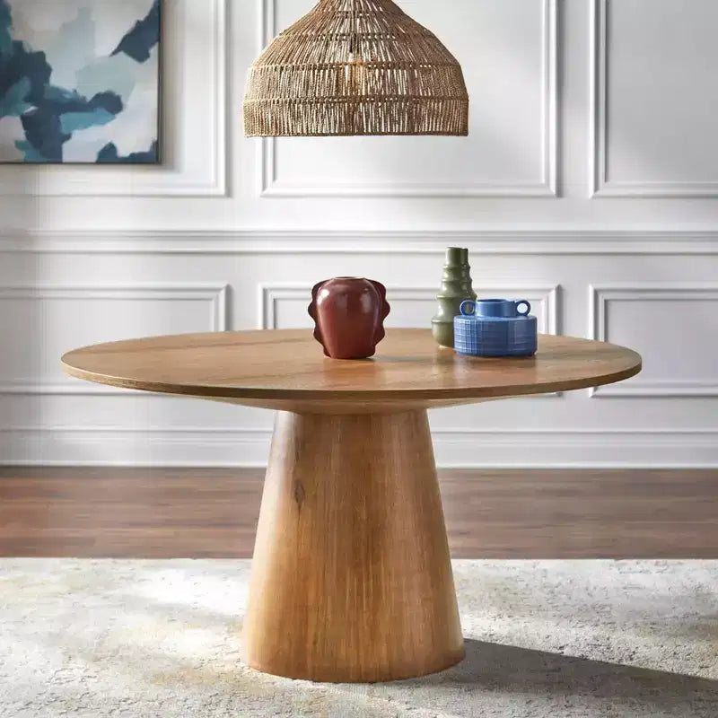 Ensemble de salle à manger 5 pièces, table ronde 150 cm aspect bois flotté et chaises en cuir taupe