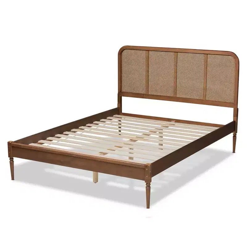 Lit plateforme grand format en bois et rotin synthétique, brun/noyer cendré