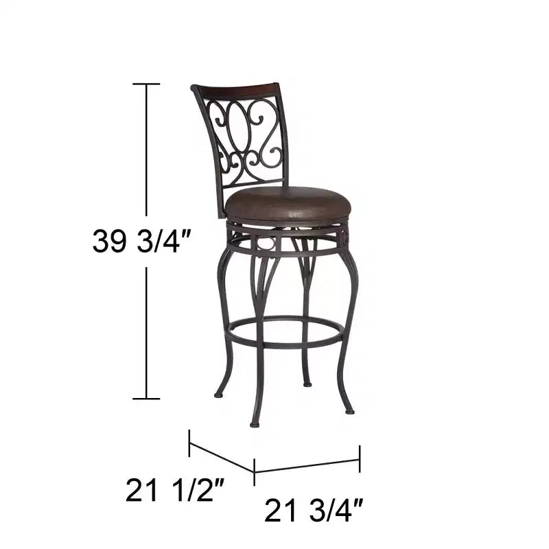 Tabouret de comptoir pivotant en bronze avec siège en similicuir et dossier en volutes