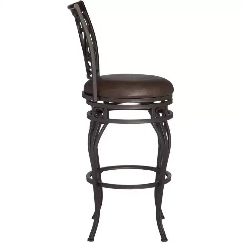 Tabouret de comptoir pivotant en bronze avec siège en similicuir et dossier en volutes