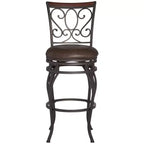 Tabouret de comptoir pivotant en bronze avec siège en similicuir et dossier en volutes