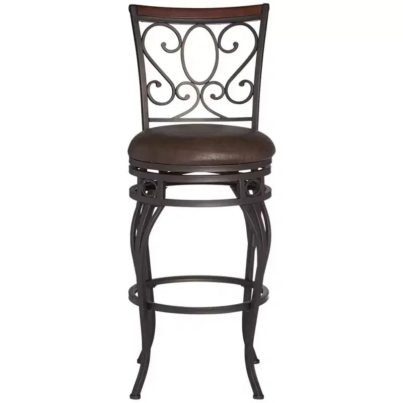 Tabouret de comptoir pivotant en bronze avec siège en similicuir et dossier en volutes
