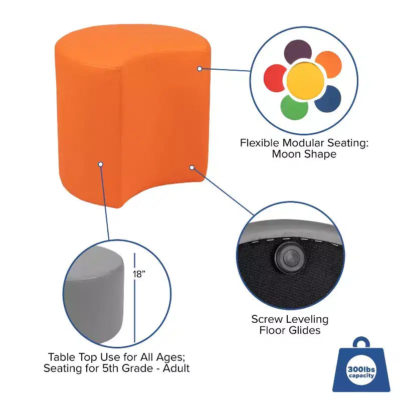 Pouf modulaire en forme de lune de 45 cm pour salles de classe et espaces communs