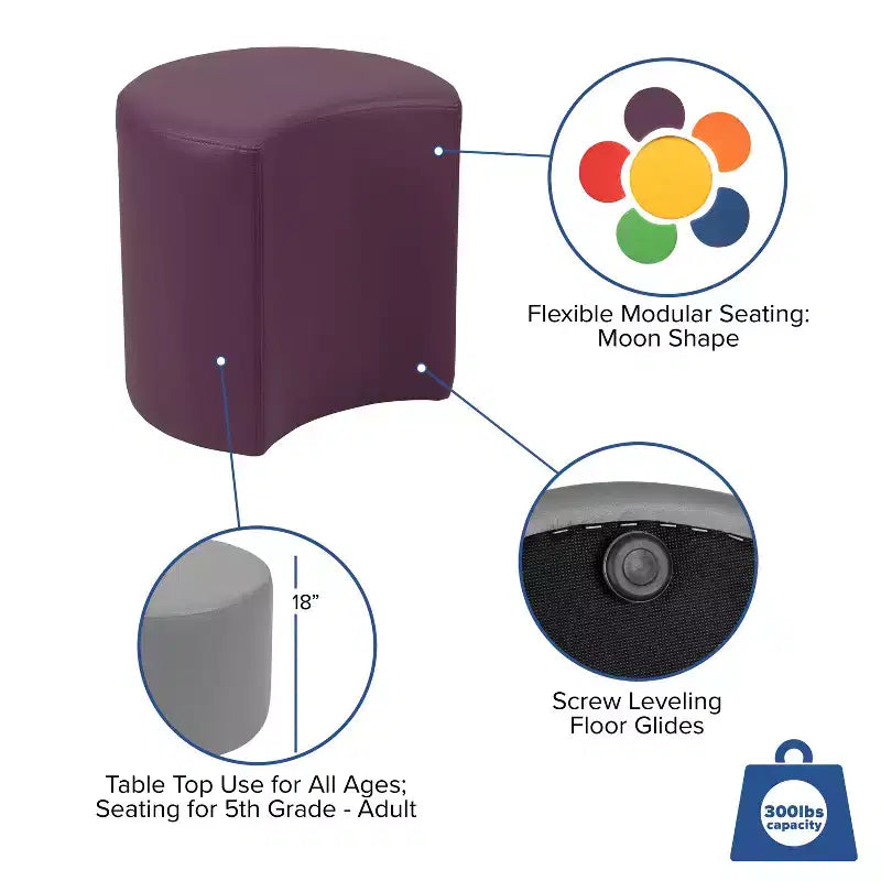 Pouf modulaire en forme de lune de 45 cm pour salles de classe et espaces communs