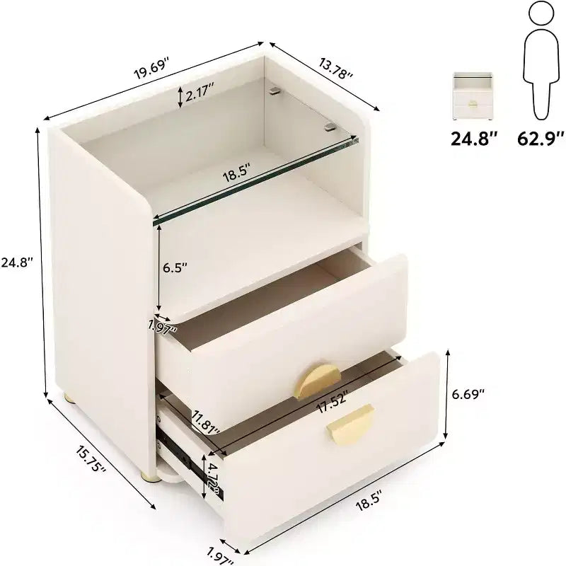 Table de chevet moderne à 2 tiroirs avec plateau en verre