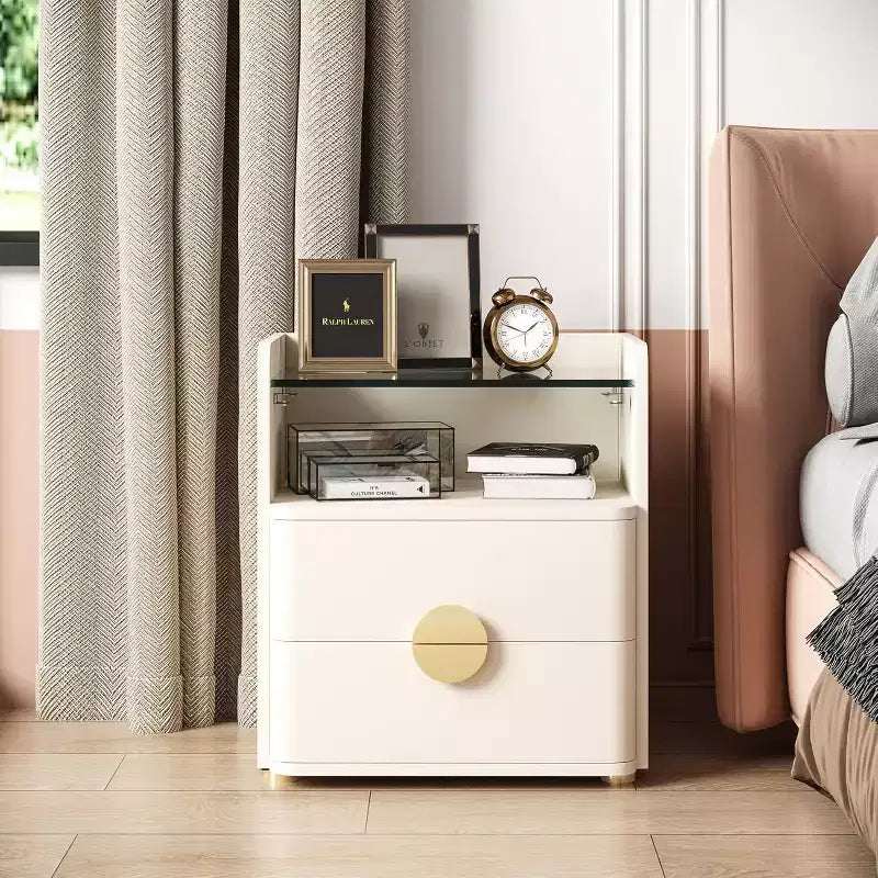 Table de chevet moderne à 2 tiroirs avec plateau en verre