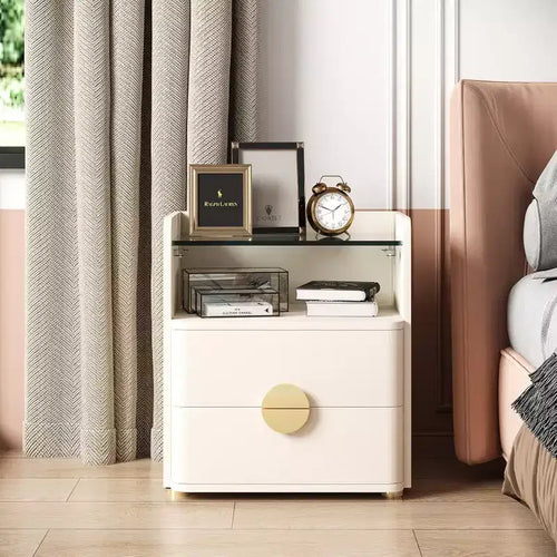 Table de chevet moderne à 2 tiroirs avec plateau en verre
