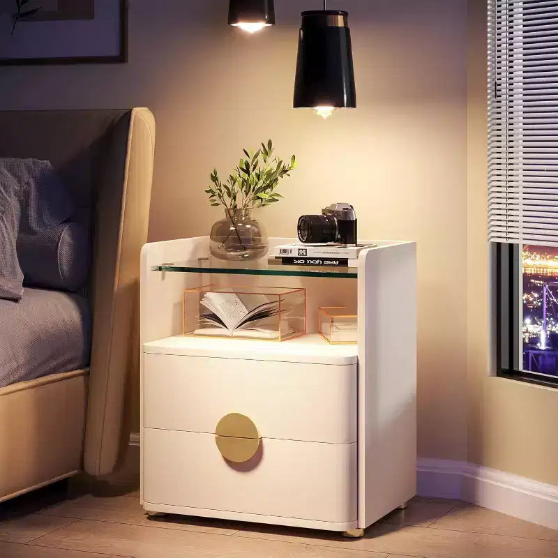 Table de chevet moderne à 2 tiroirs avec plateau en verre