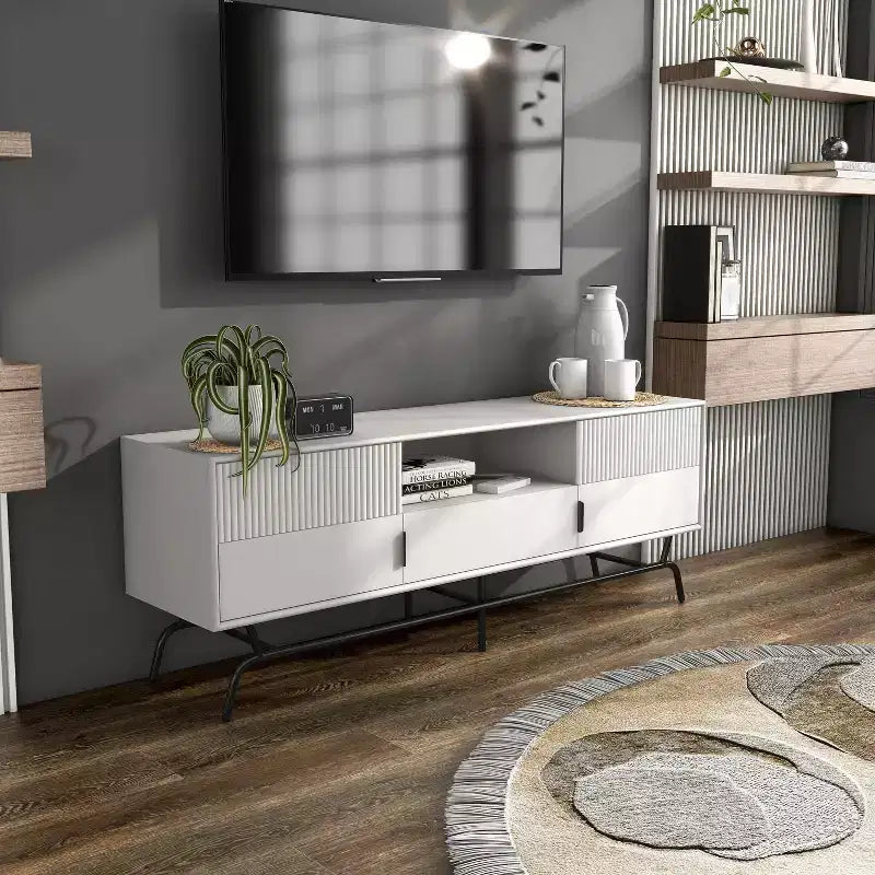 Meuble TV moderne 3 tiroirs avec placard pour téléviseurs jusqu'à 65 po