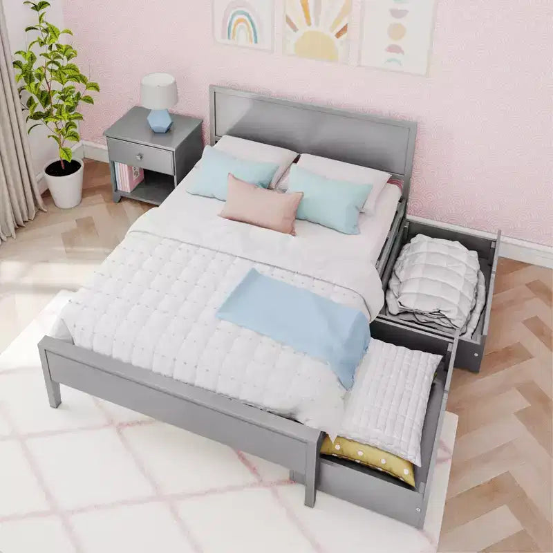 Cadre de lit double avec tiroirs de rangement, lit plateforme en bois massif pour enfants