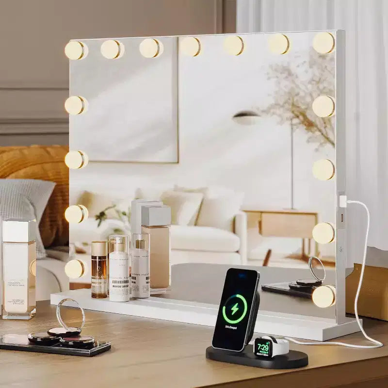 Miroir de courtoisie LED avec lumières, 3 modes de couleur, ports USB et Type-C, miroir grossissant 3x