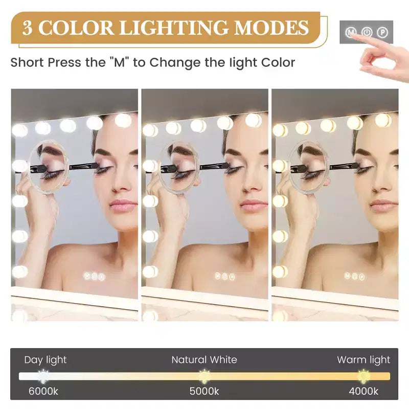 Miroir de courtoisie LED avec lumières, 3 modes de couleur, ports USB et Type-C, miroir grossissant 3x
